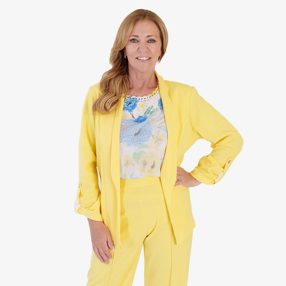 Anamor Crepe Ruched Sleeve Lapel Blazer With Gold Button Detail (Size L) - Lemon