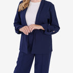 Anamor Crepe Ruched Sleeve Lapel Blazer With Gold Button Detail (Size L) - Navy