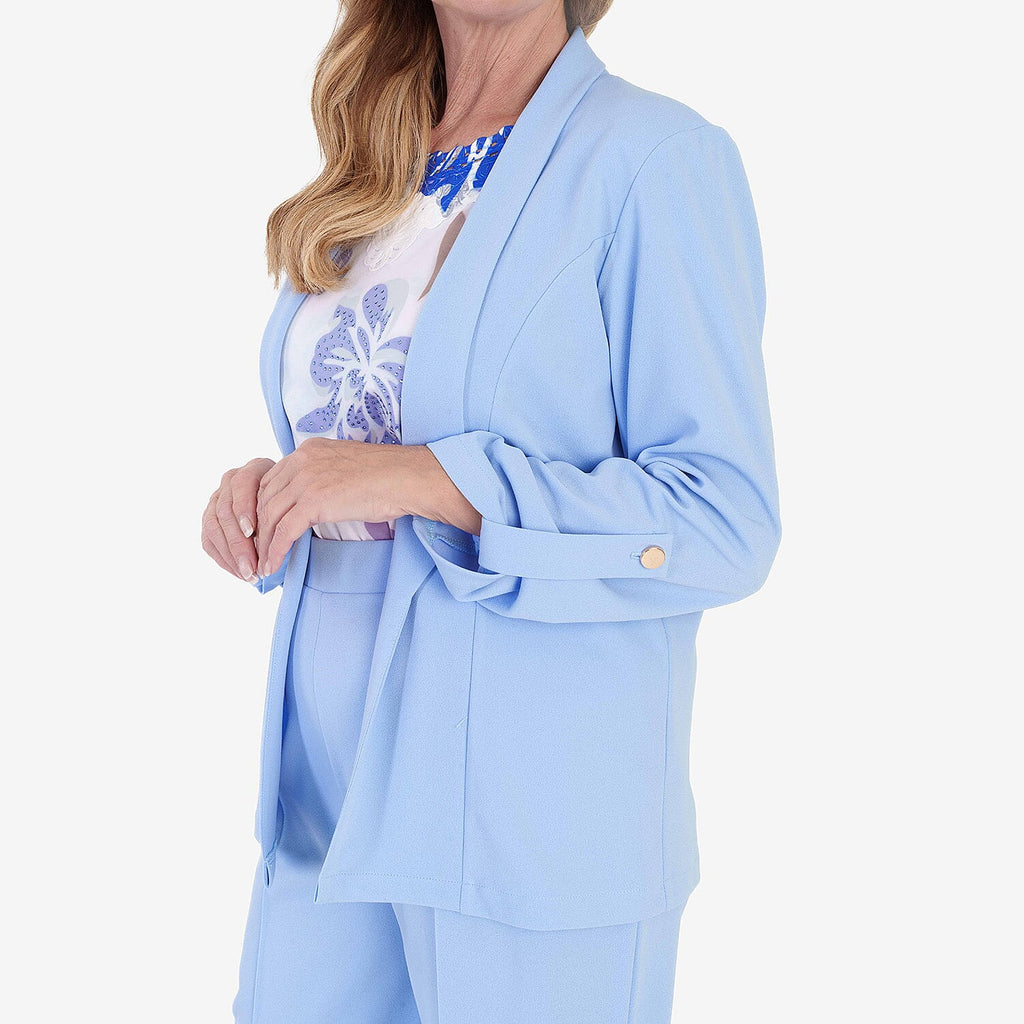 Anamor Crepe Ruched Sleeve Lapel Blazer With Gold Button Detail (Size L) - Pale Blue