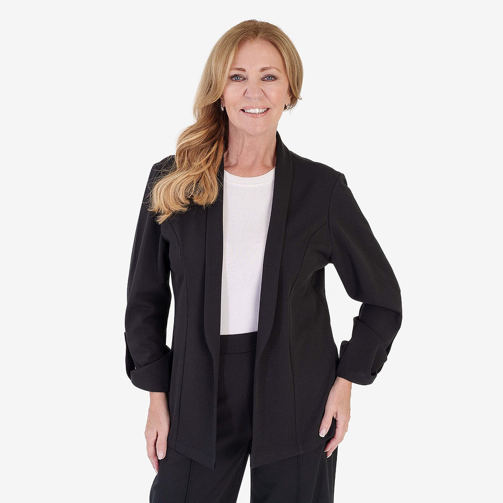Anamor Crepe Ruched Sleeve Lapel Blazer With Gold Button Detail (Size M) - Black