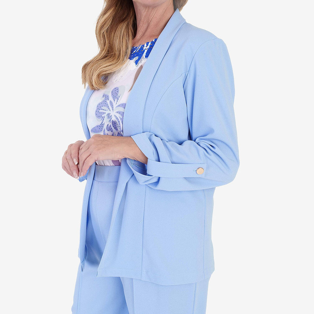 Anamor Crepe Ruched Sleeve Lapel Blazer With Gold Button Detail (Size M) - Pale Blue