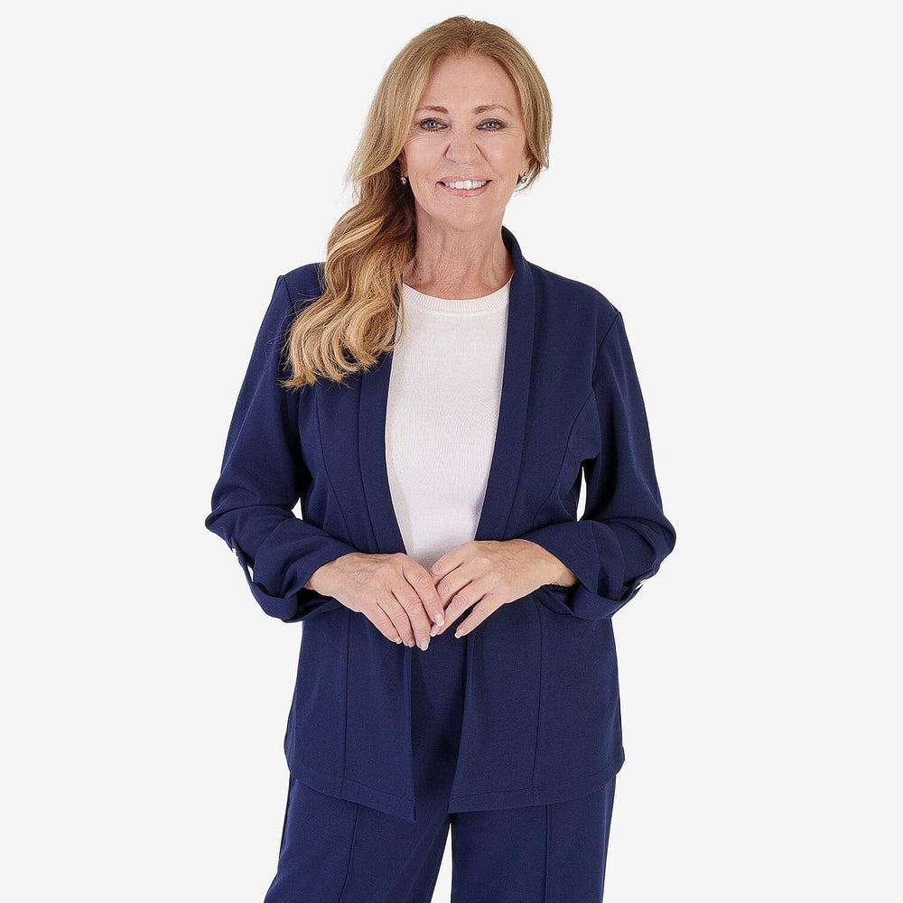 Anamor Crepe Ruched Sleeve Lapel Blazer With Gold Button Detail (Size XL) - Navy