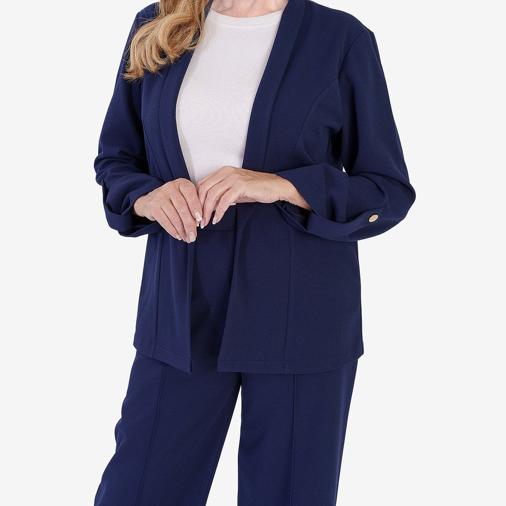 Anamor Crepe Ruched Sleeve Lapel Blazer With Gold Button Detail (Size XL) - Navy