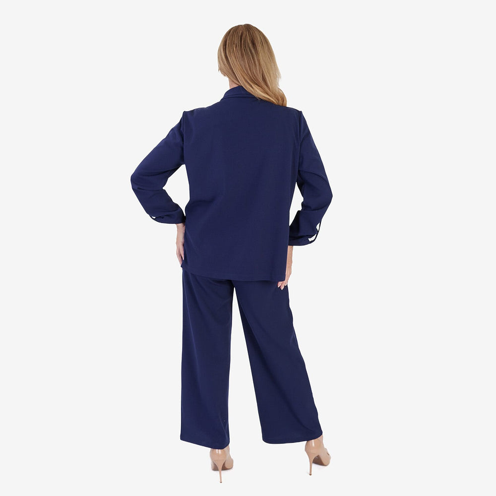 Anamor Crepe Ruched Sleeve Lapel Blazer With Gold Button Detail (Size XXL) - Navy