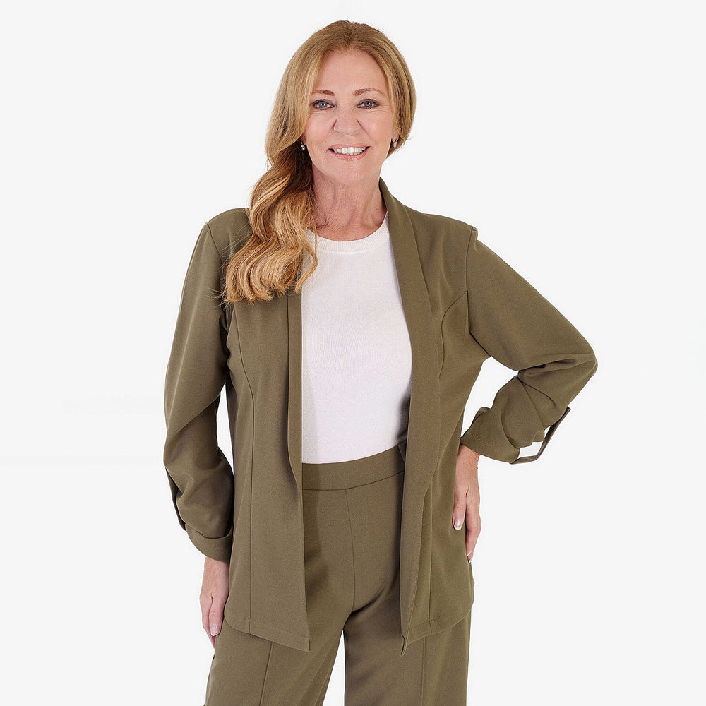 Anamor Crepe Ruched Sleeve Lapel Blazer With Gold Button Detail (Size XXL) - Olive