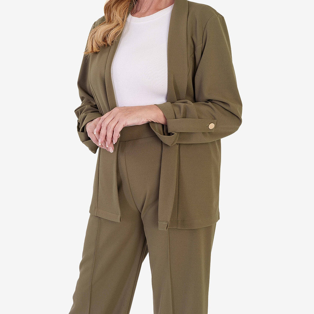 Anamor Crepe Ruched Sleeve Lapel Blazer With Gold Button Detail (Size XXL) - Olive
