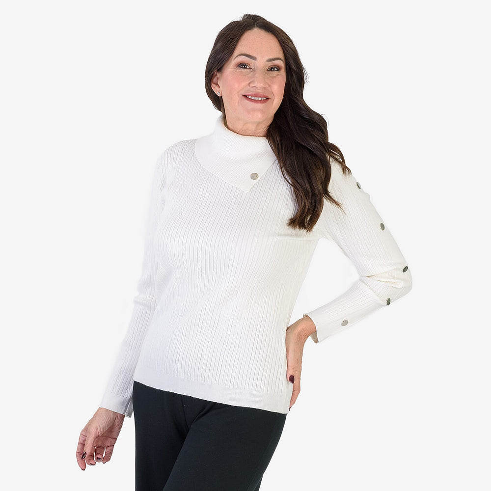 BLACK FRIDAY MEGA LAUNCH - Anamor Cable Knit Splitneck Jumper With Gold Button Sleeve (Size S) - Ivory
