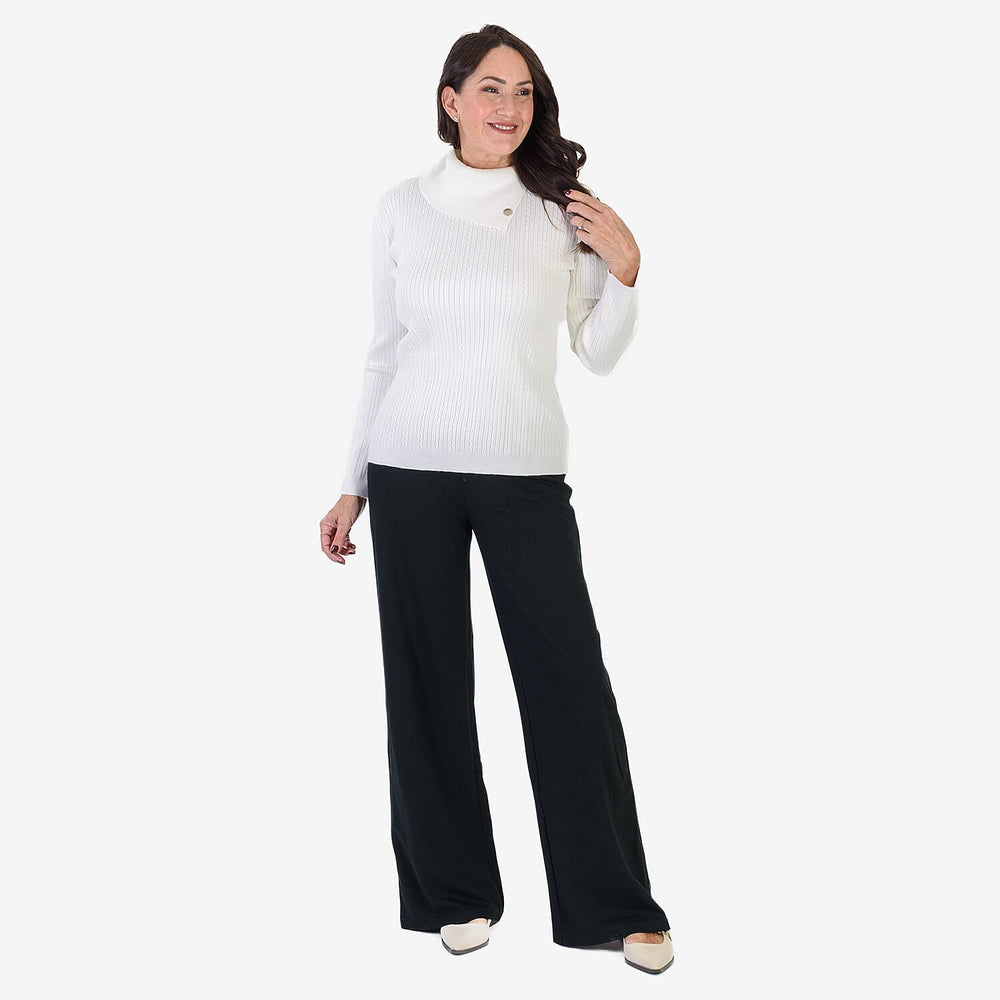 BLACK FRIDAY MEGA LAUNCH - Anamor Cable Knit Splitneck Jumper With Gold Button Sleeve (Size S) - Ivory