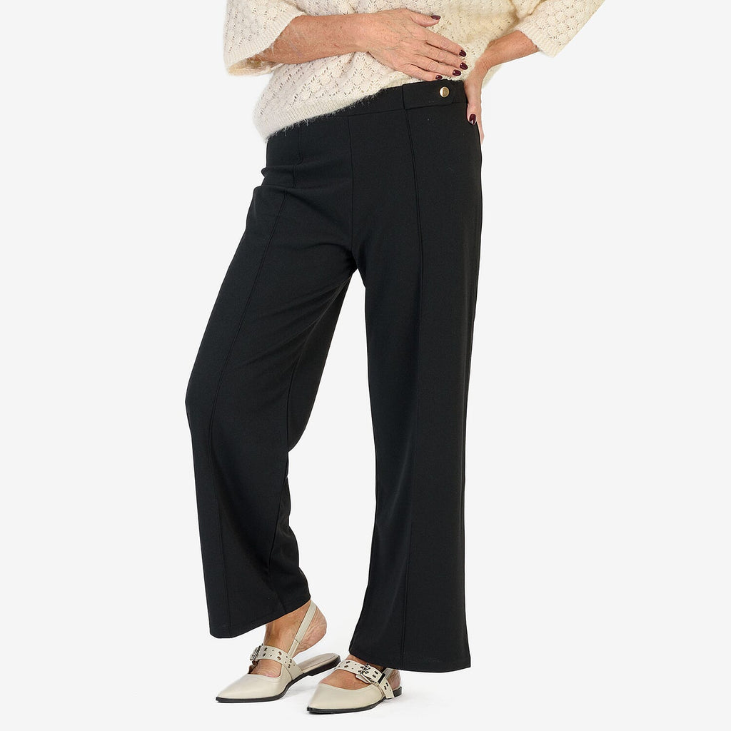 Anamor Crepe Pintuck Wideleg Trousers With Gold Button Detail (Size 12) - Black