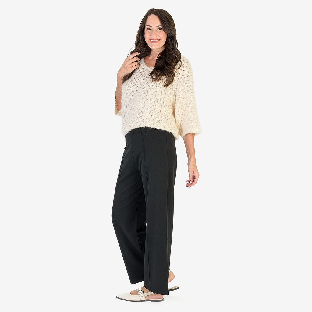 Anamor Crepe Pintuck Wideleg Trousers With Gold Button Detail (Size 12) - Black