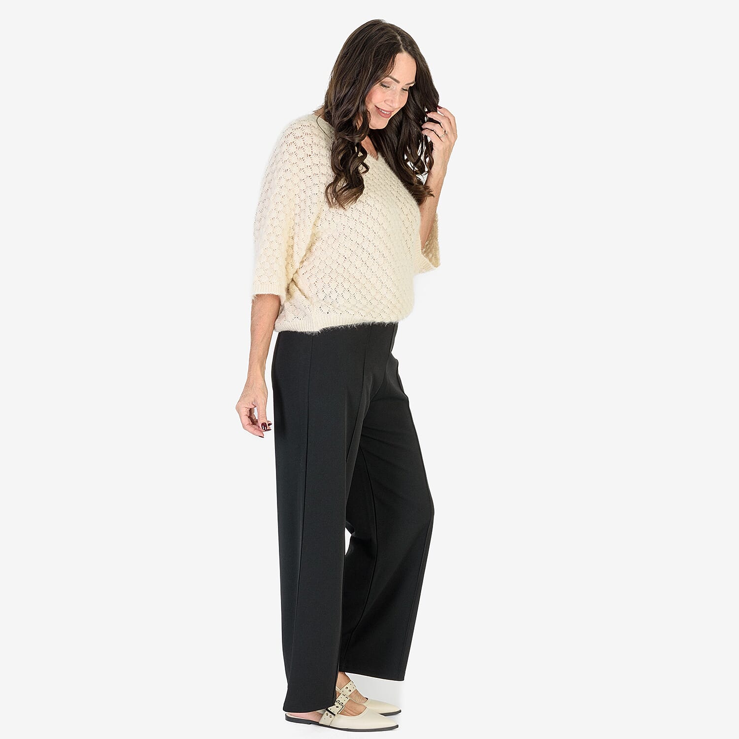 Anamor Crepe Pintuck Wideleg Trousers With Gold Button Detail (Size 12) - Black