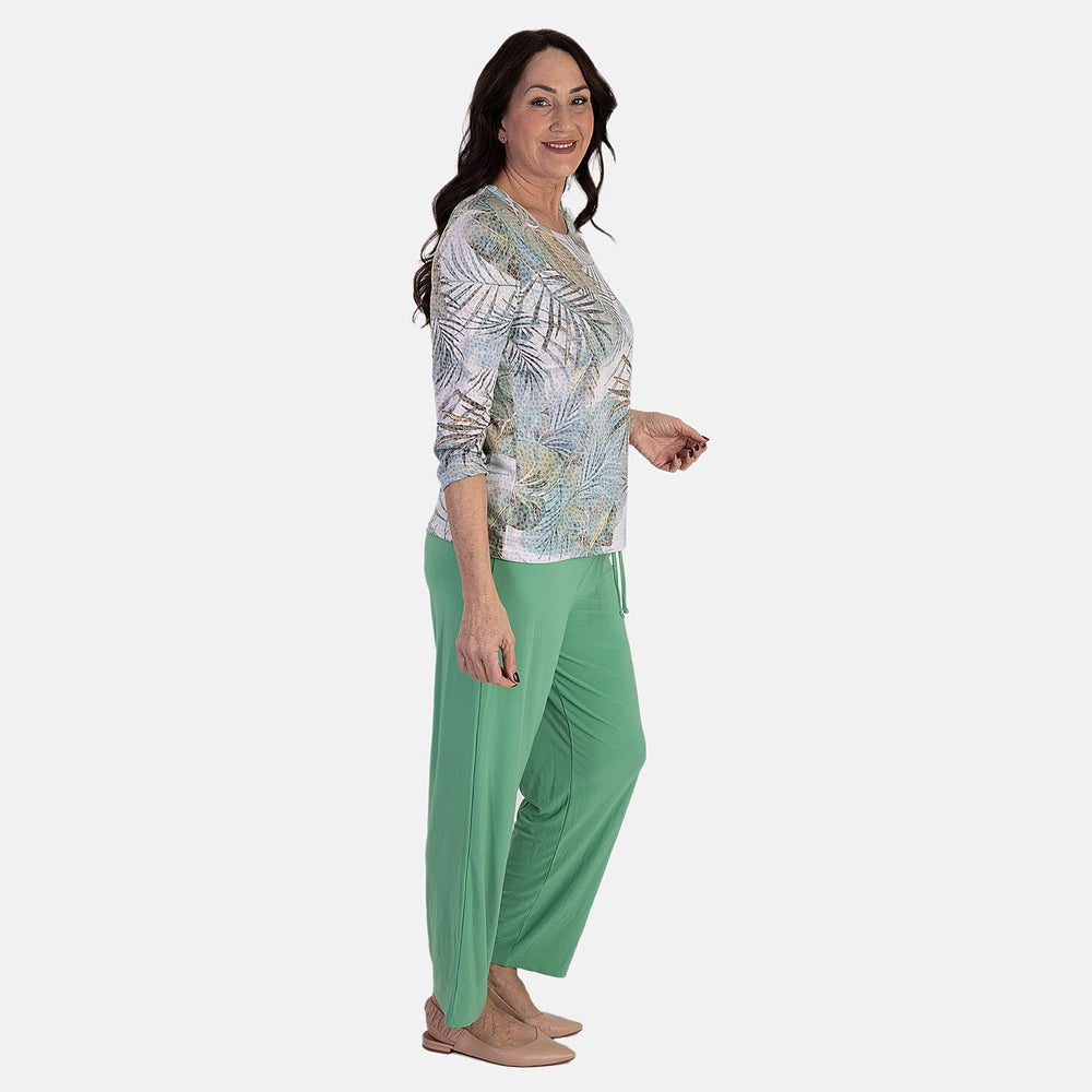 Anamor Ity Ankle Grazer Trouser With Drawstring Waist (Size M-L) - Aqua Leaf