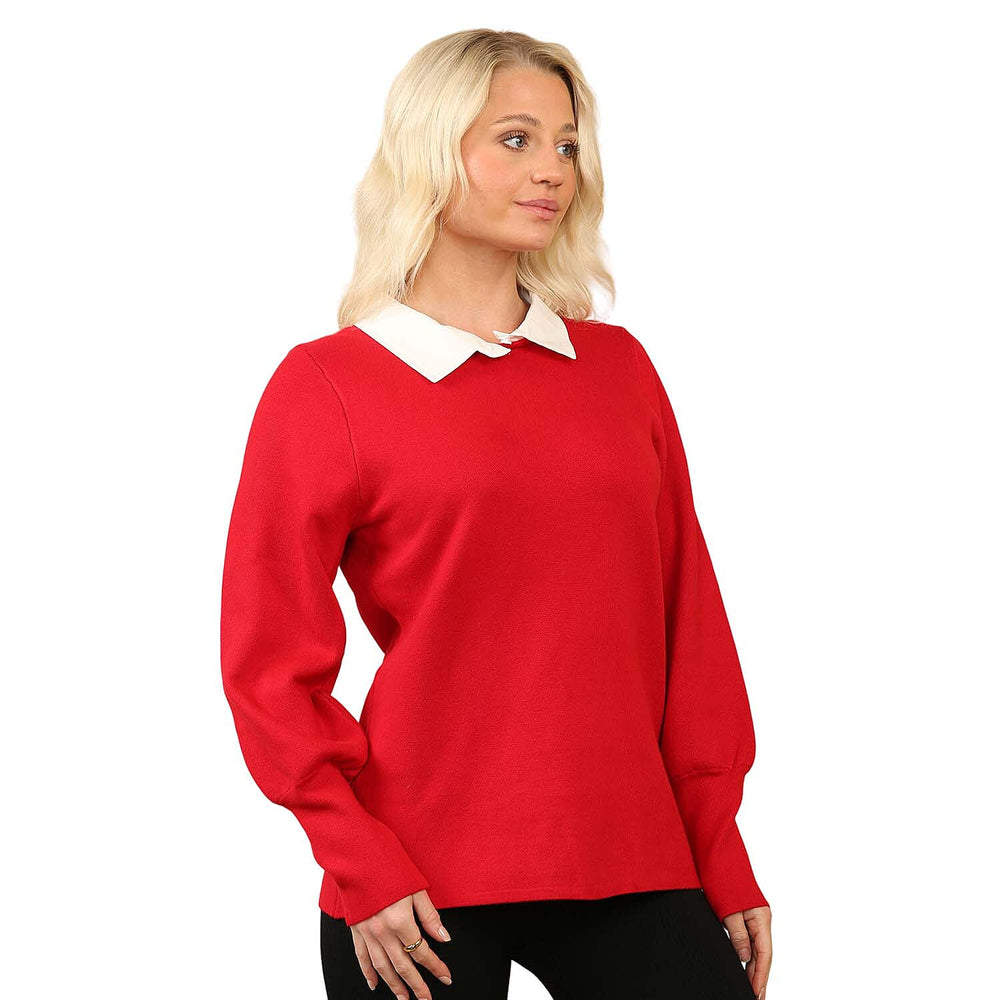 Anamor Jacquard Collar Knitted Jumper (Size - S-M) - Red