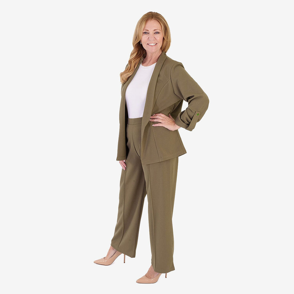 Anamor Crepe Pintuck Wideleg Trousers With Gold Button Detail (Size - 12) - Olive
