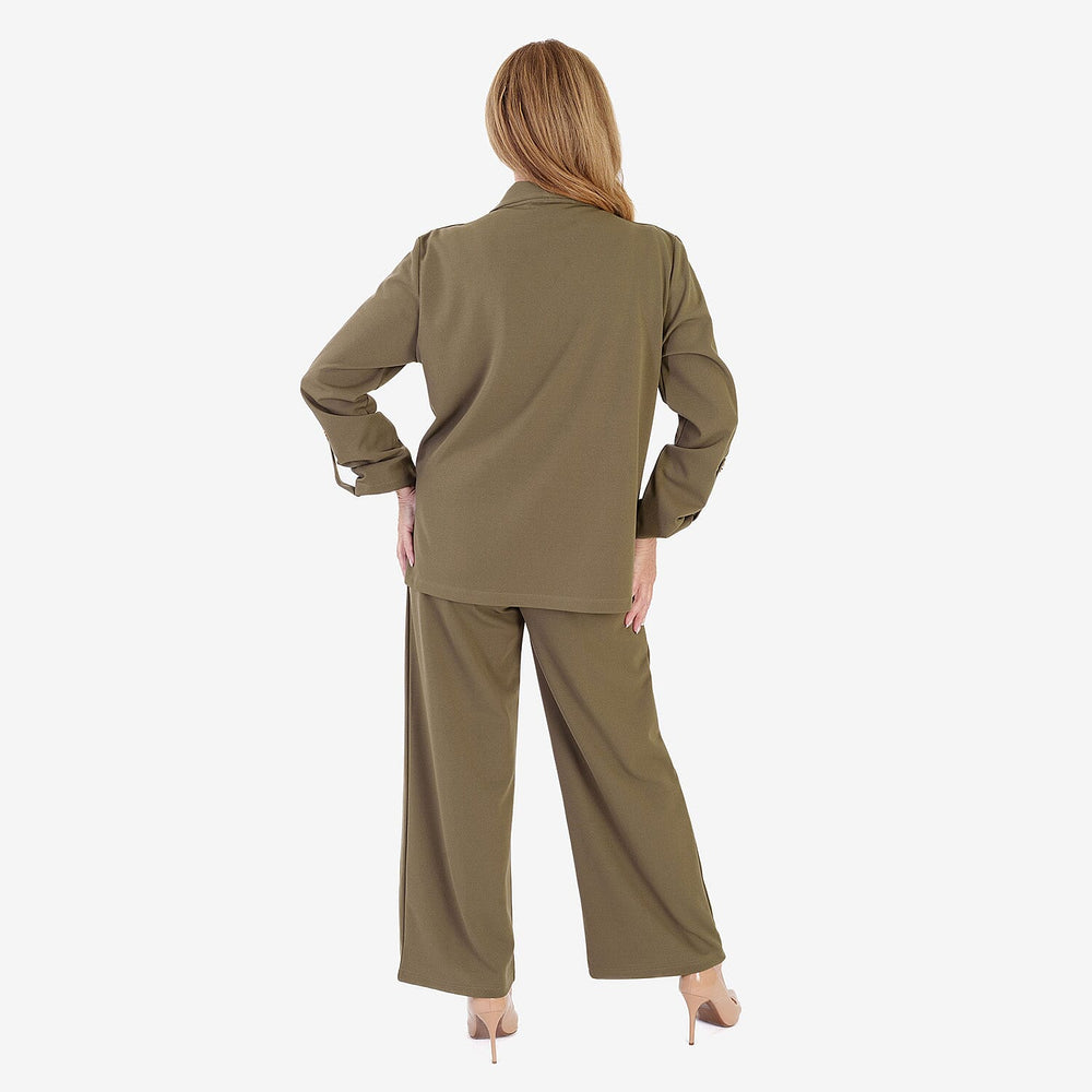 Anamor Crepe Pintuck Wideleg Trousers With Gold Button Detail (Size - 12) - Olive
