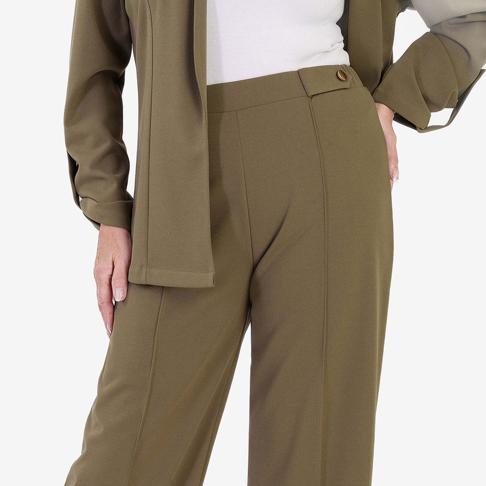 Anamor Crepe Pintuck Wideleg Trousers With Gold Button Detail (Size - 12) - Olive