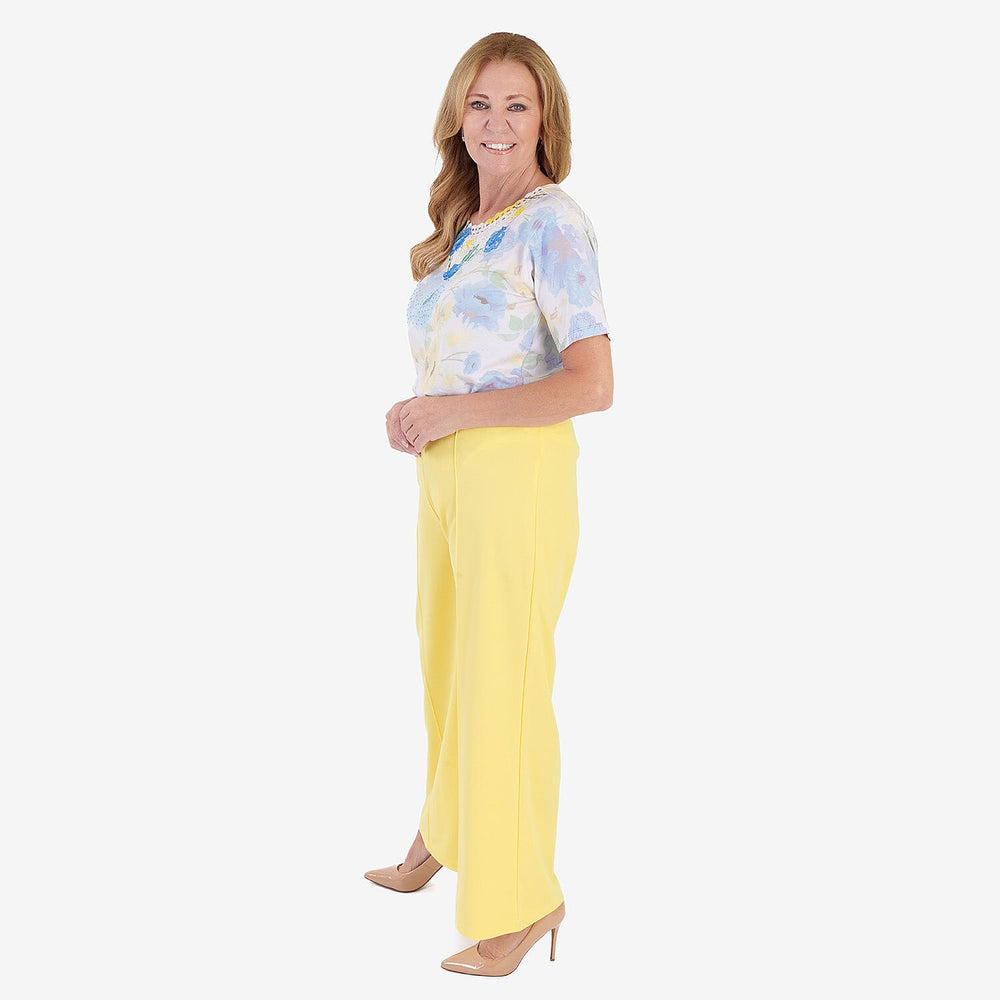 Anamor Crepe Pintuck Wideleg Trousers With Gold Button Detail (Size 14) - Lemon
