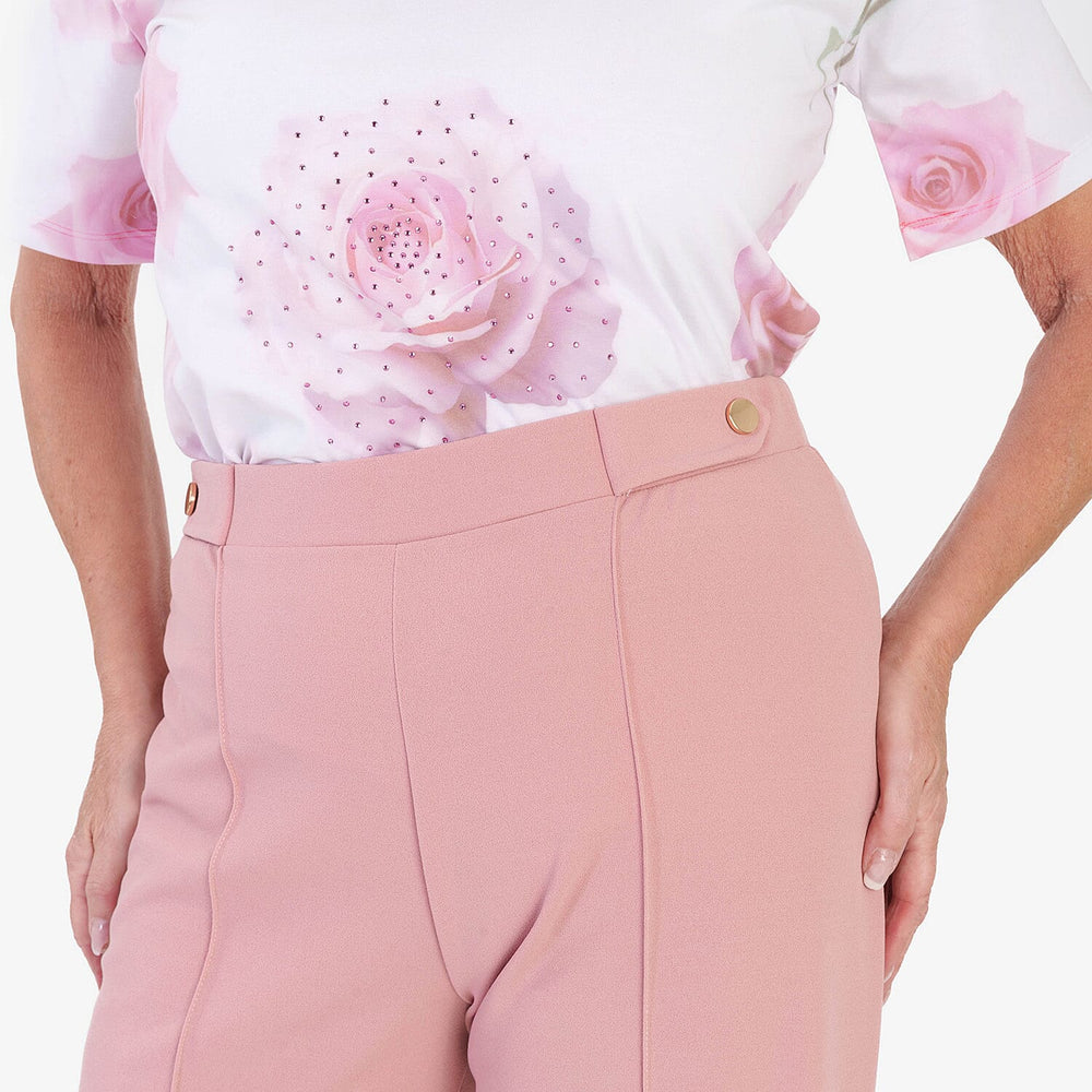 Anamor Crepe Pintuck Wideleg Trousers With Gold Button Detail (Size 14) - Dusty Pink