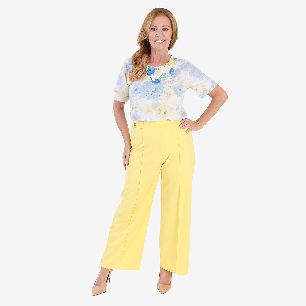 Anamor Crepe Pintuck Wideleg Trousers With Gold Button Detail (Size 16) - Lemon