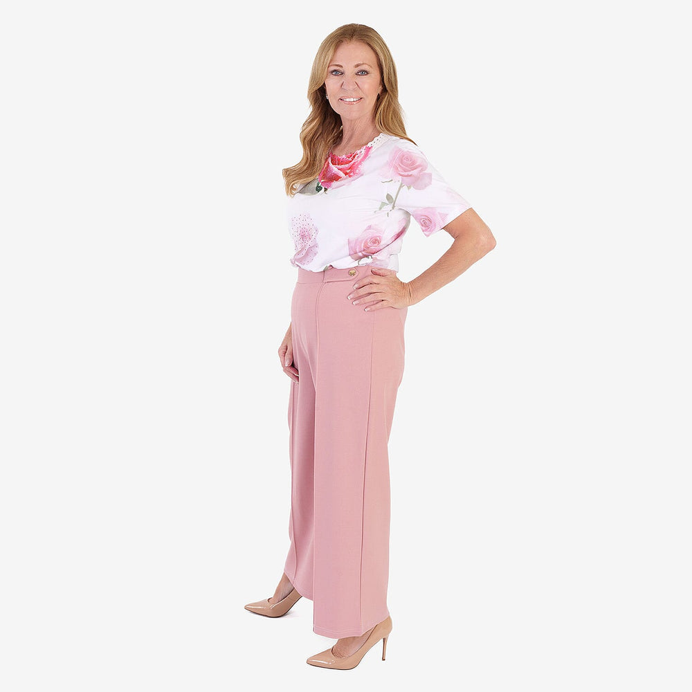 Anamor Crepe Pintuck Wideleg Trousers With Gold Button Detail (Size 18) - Dusty Pink