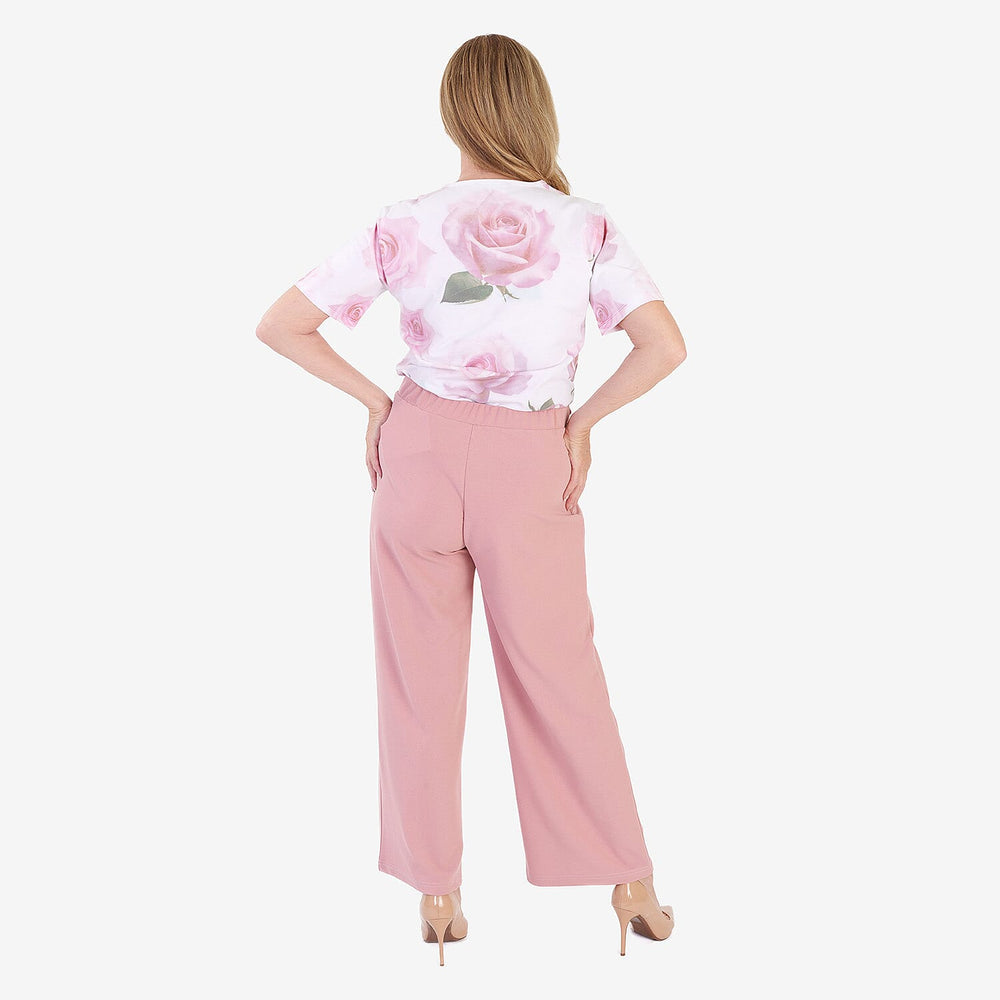 Anamor Crepe Pintuck Wideleg Trousers With Gold Button Detail (Size 18) - Dusty Pink