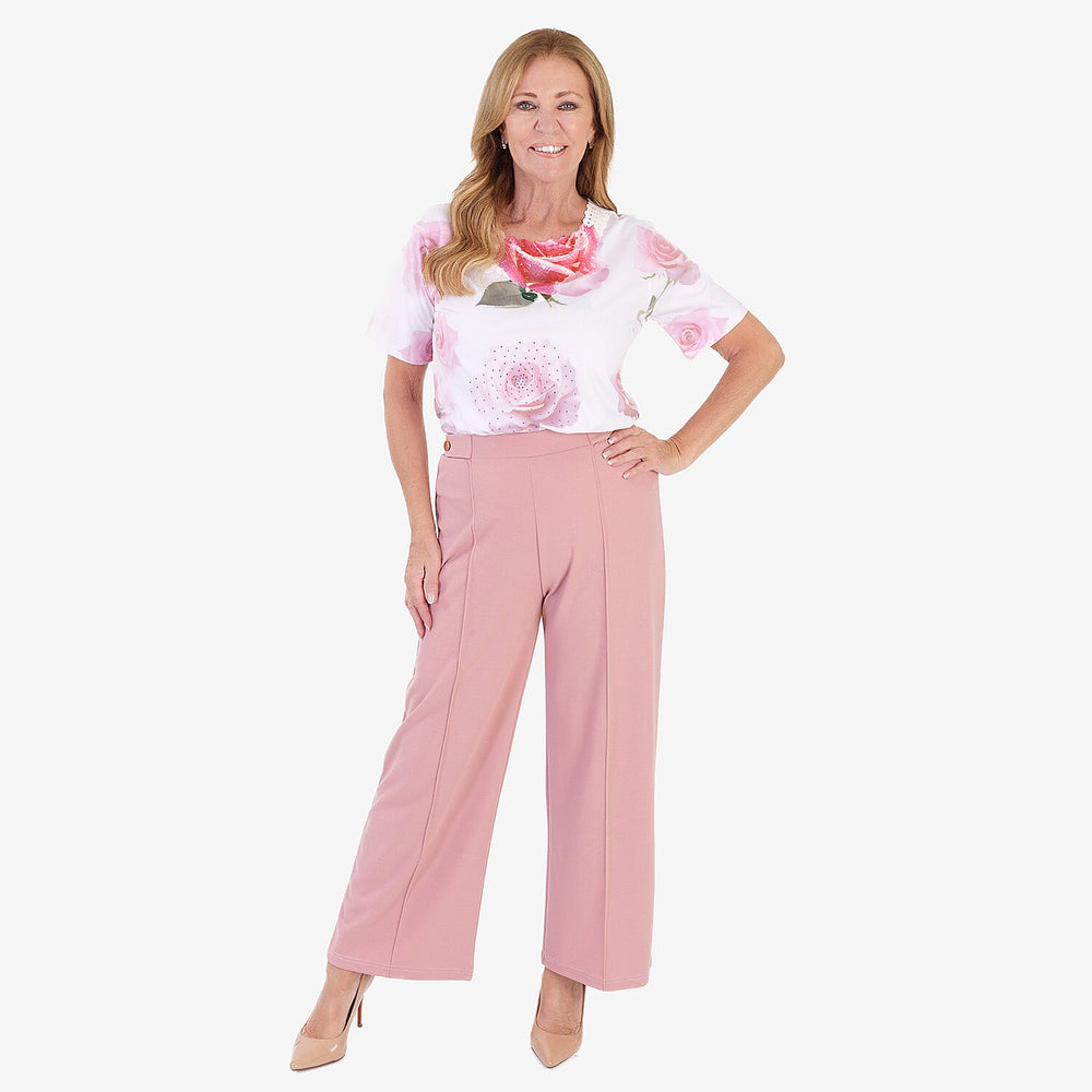 Anamor Crepe Pintuck Wideleg Trousers With Gold Button Detail (Size 20) - Dusty Pink
