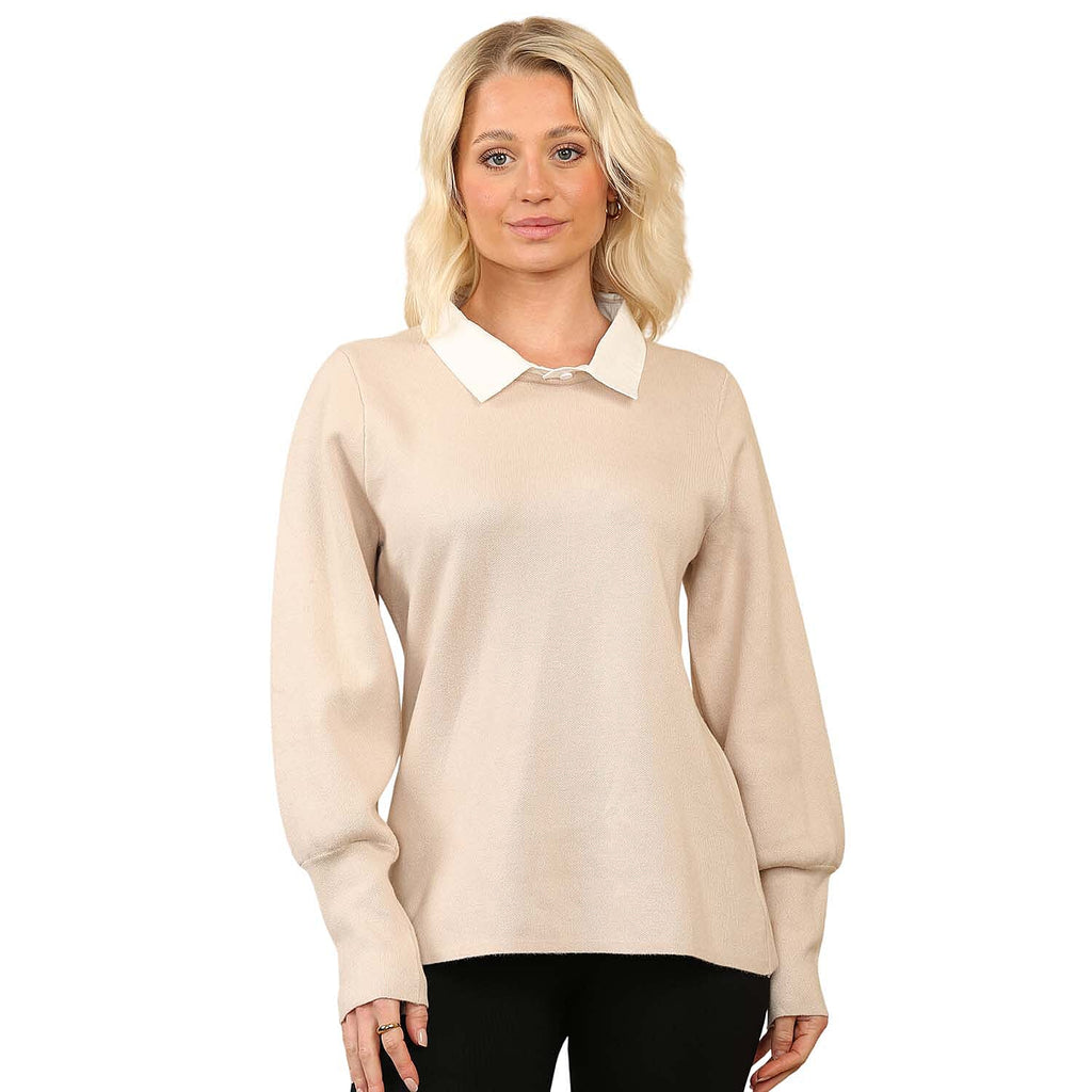 Anamor Jacquard Collar Knitted Jumper (Size - S-M) - Beige