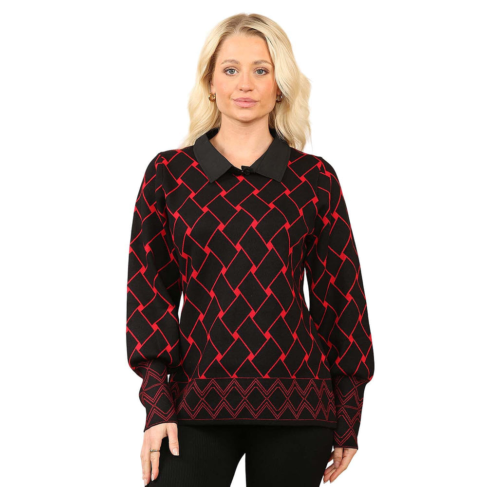 Anamor Jacquard Collar Knitted Jumper (Size - S-M) - Black & Red