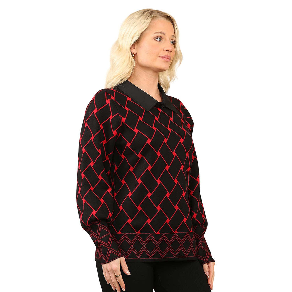 Anamor Jacquard Collar Knitted Jumper (Size - S-M) - Black & Red