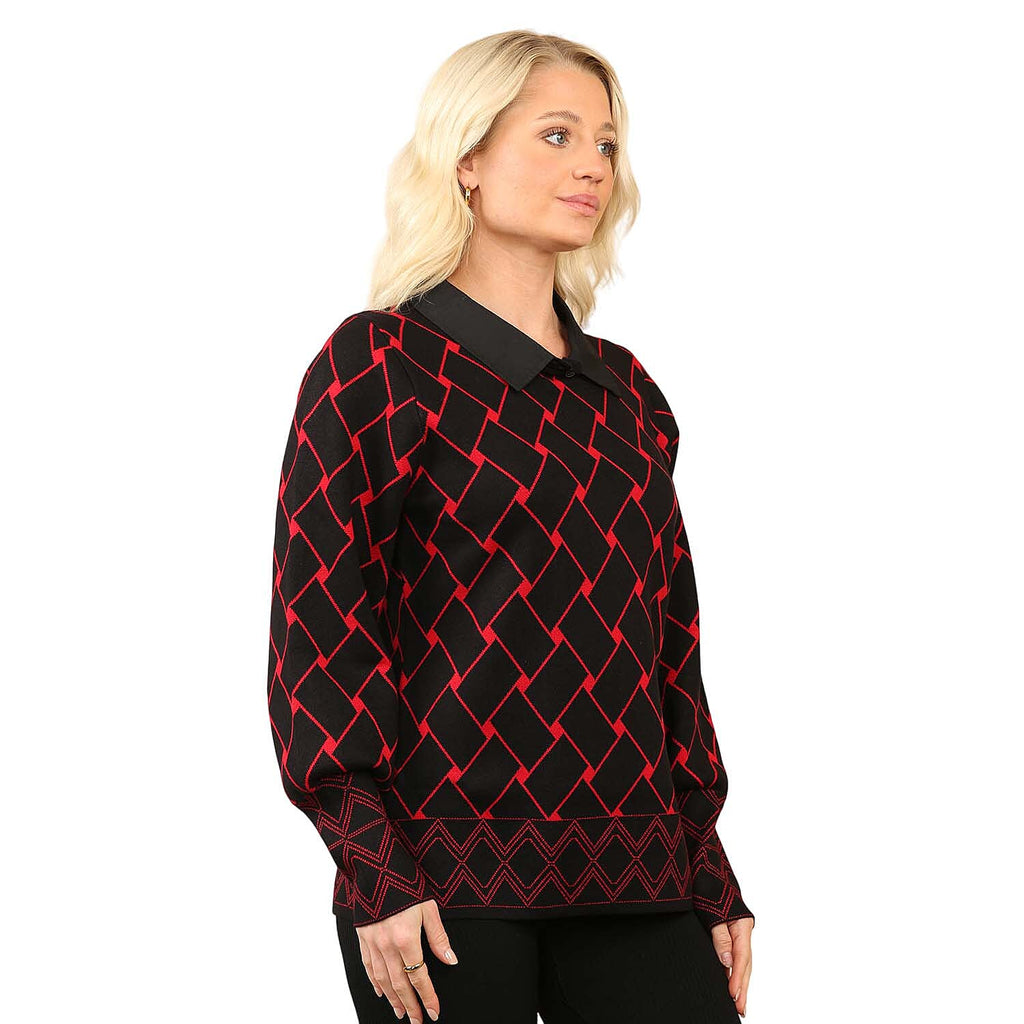 Anamor Jacquard Collar Knitted Jumper (Size - S-M) - Black & Red