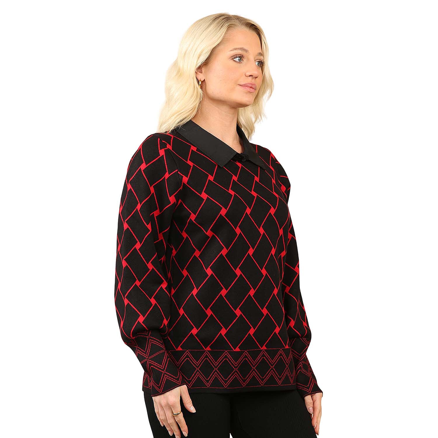 Anamor Jacquard Collar Knitted Jumper (Size - S-M) - Black & Red