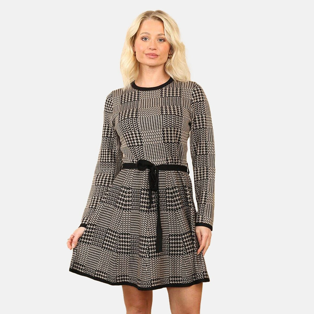 Anamor Women’s Vintage Checkered Knitted Dress with Waist Tie & Flared Skirt