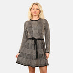 Anamor Women’s Vintage Checkered Knitted Dress with Waist Tie & Flared Skirt