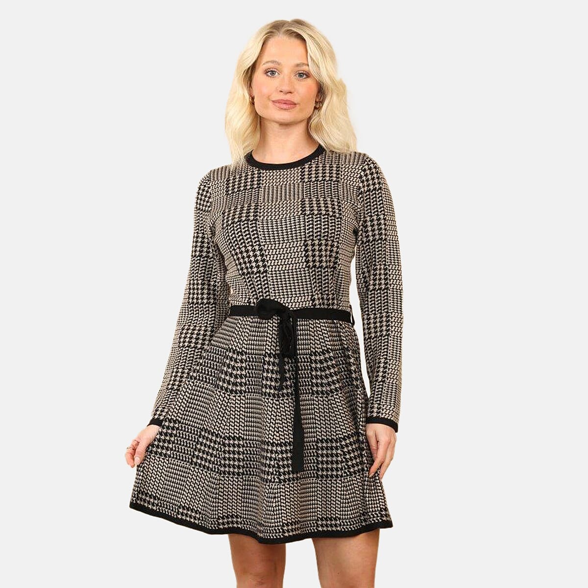 Anamor Vintage Checkered Knitted Midi Dress (Size - M-L) - Beige