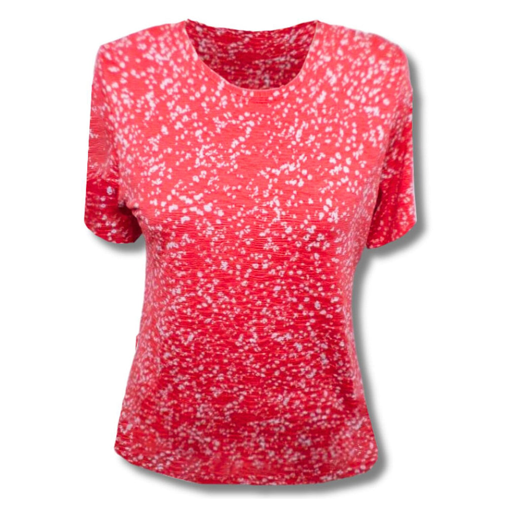 Anamor Speckled Print Round Neck Top With Tab Sleeves (Size M) - Coral