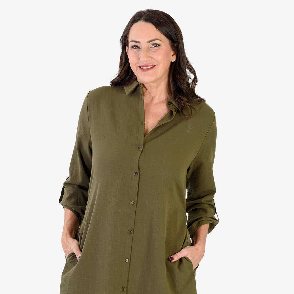 BRAND NEW LAUNCH - Anamor Solid Color Shirt Dress (Size S-M) - Olive