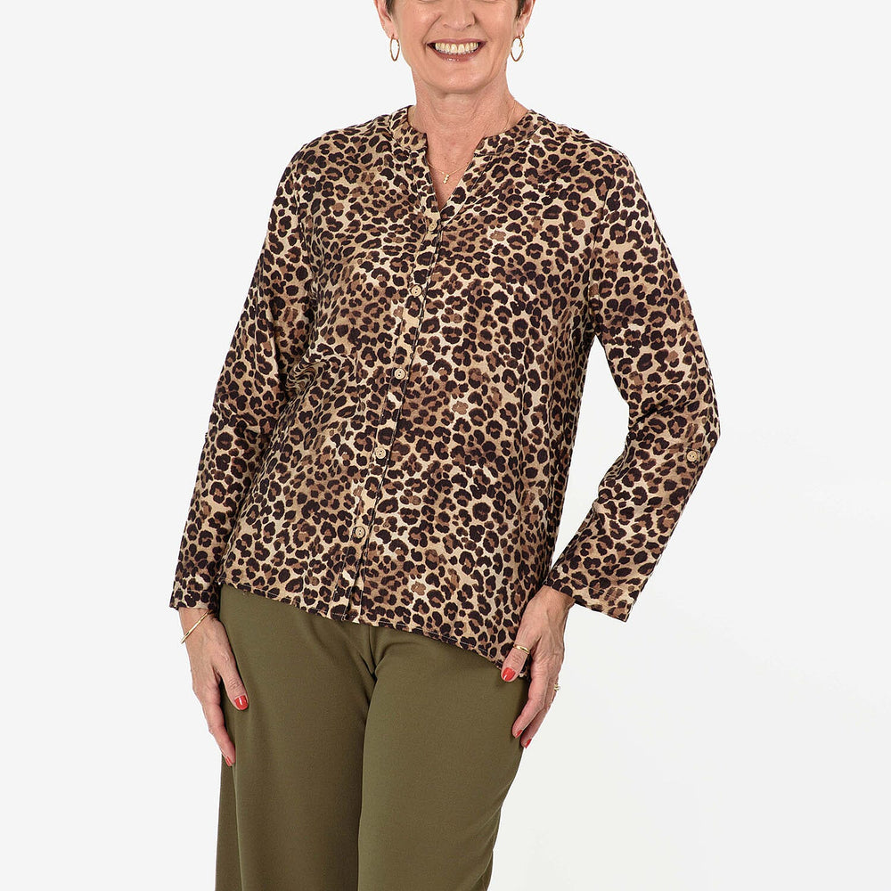 Anamor Leopard Print Grandad Collar Shirt With Dip Hem (Size S-M) - Brown