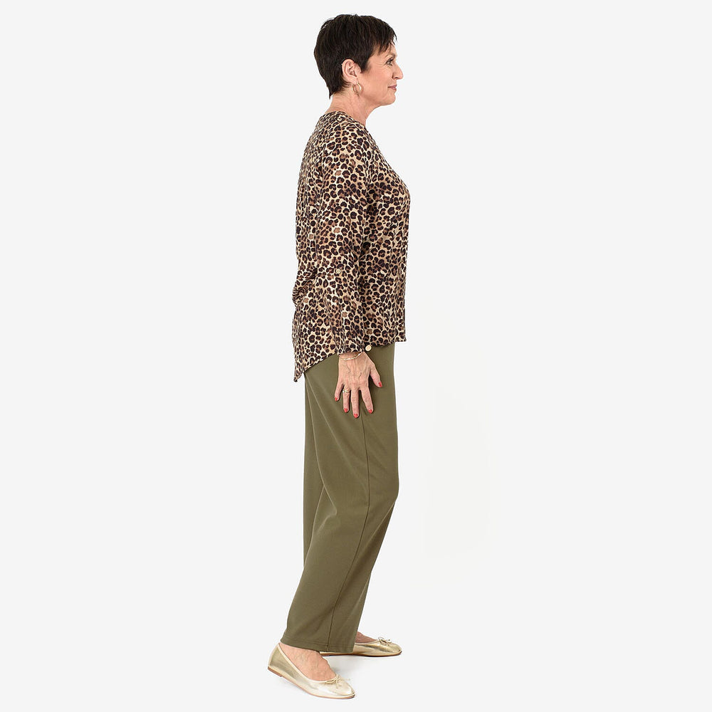 Anamor Leopard Print Grandad Collar Shirt With Dip Hem (Size S-M) - Brown