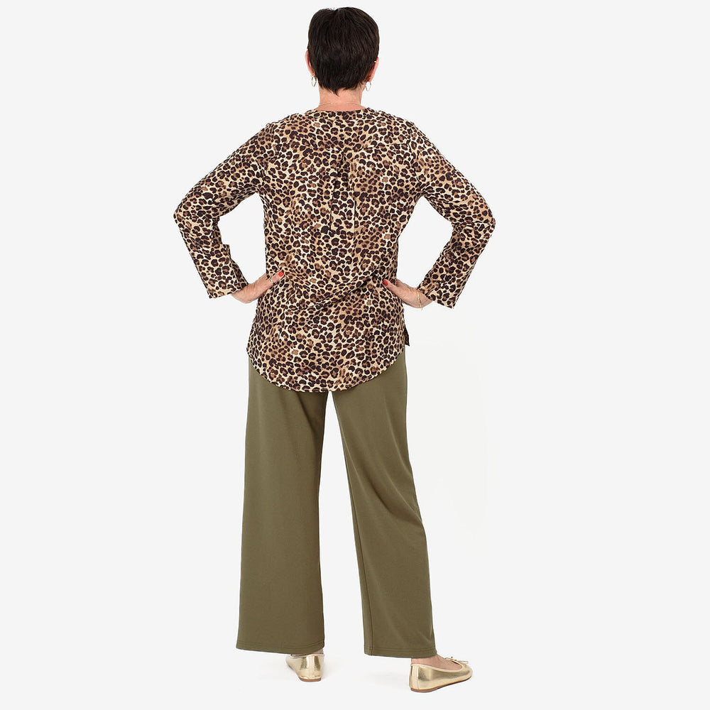 Anamor Leopard Print Grandad Collar Shirt With Dip Hem (Size S-M) - Brown