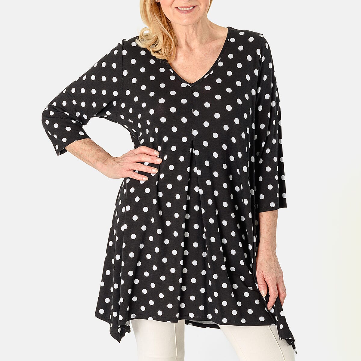Polka Dot Printed V-Neck Jesey Tunic Top (Size 20) - Black