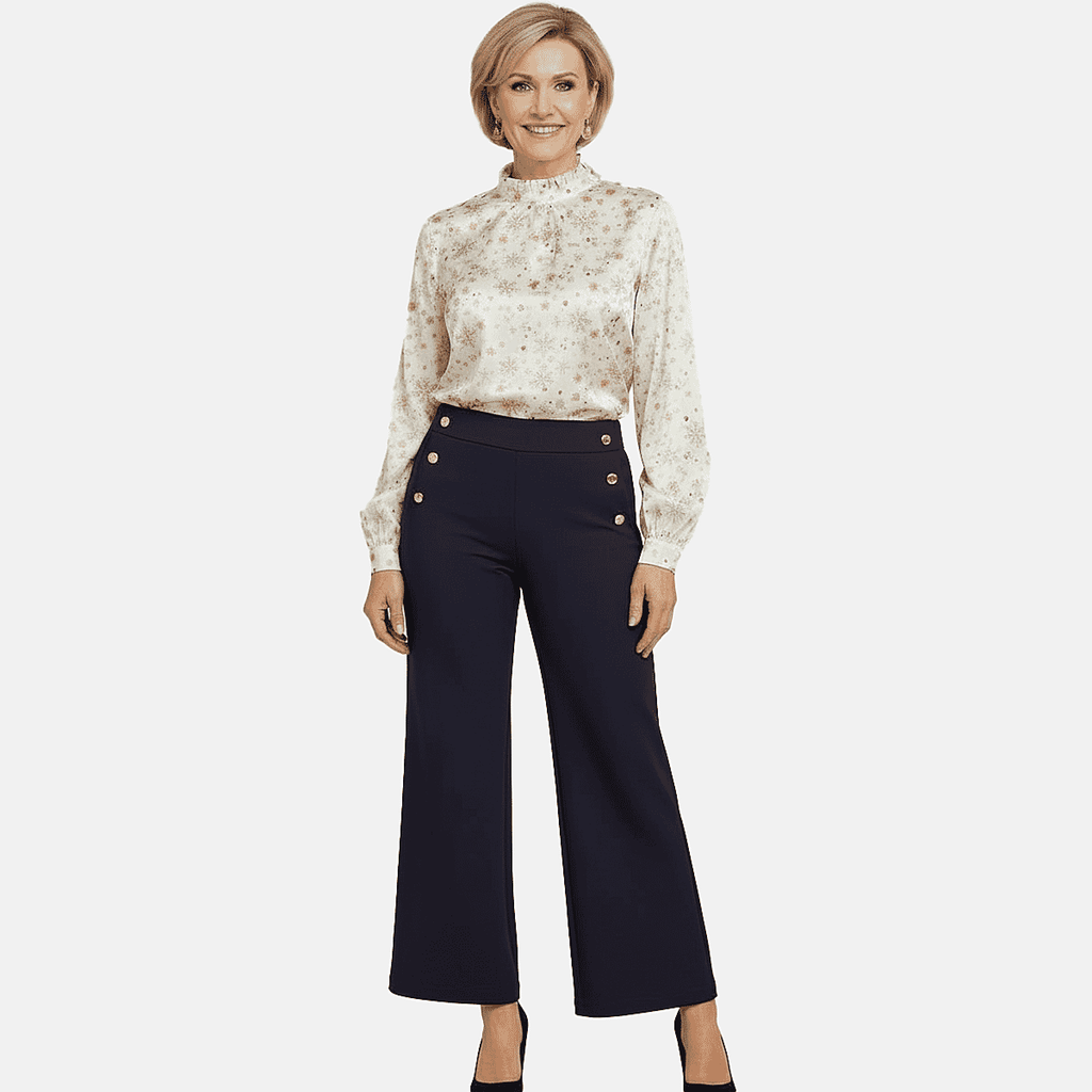 Anonymous Wide Leg Trouser With Gold Button (Size 12) - Navy