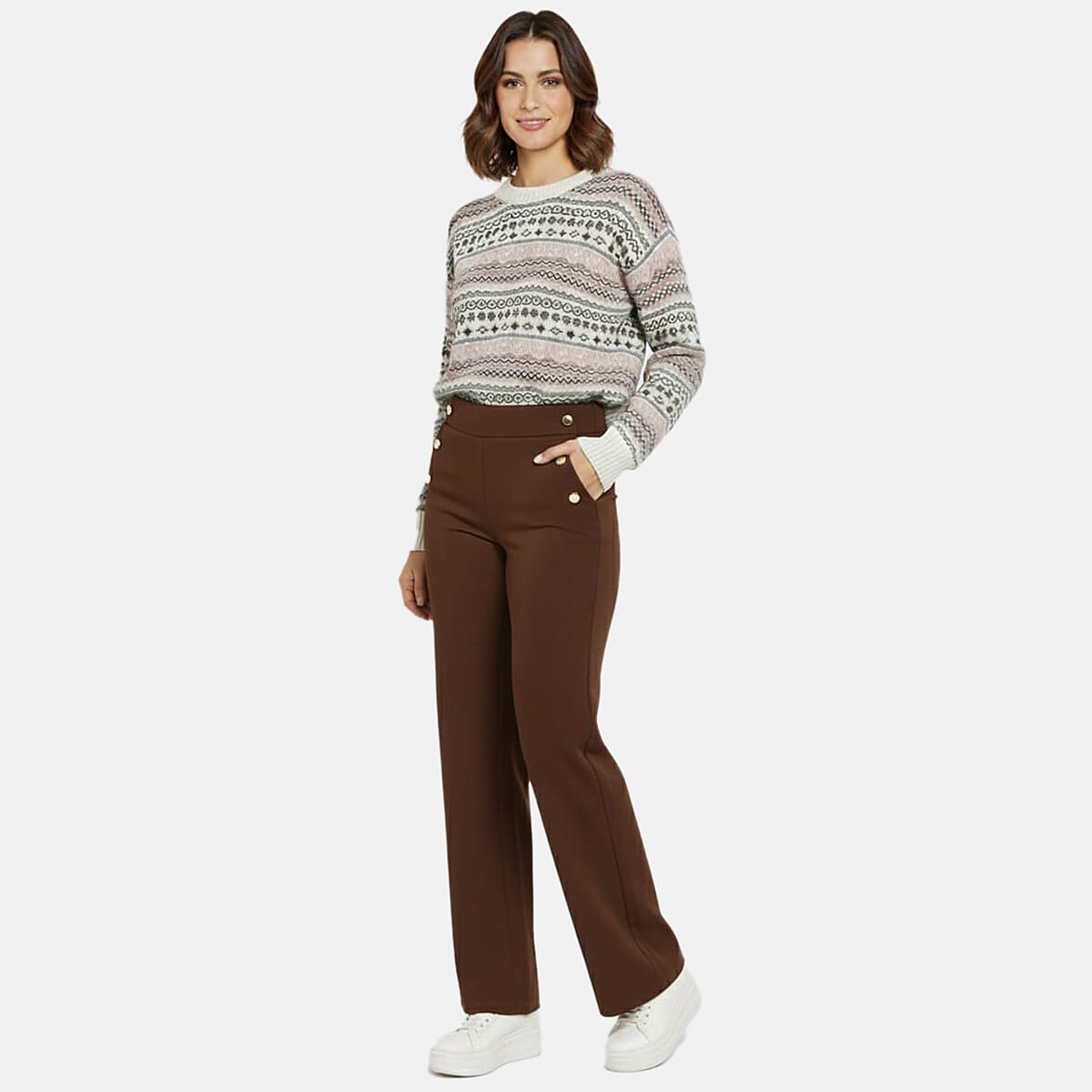 Anonymous Wide Leg Trouser With Gold Button (Size 20) - Chocolate