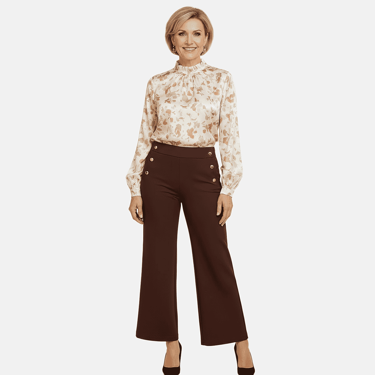 Anonymous Wide Leg Trouser With Gold Button (Size 20) - Chocolate