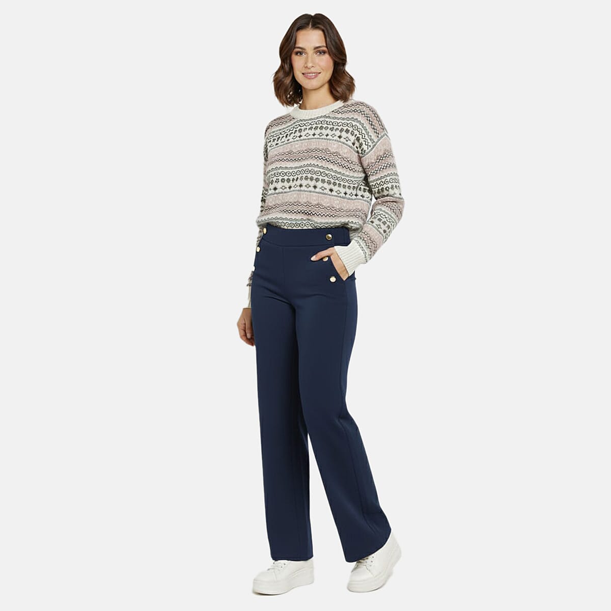 Anonymous Wide Leg Trouser With Gold Button (Size 22) - Navy