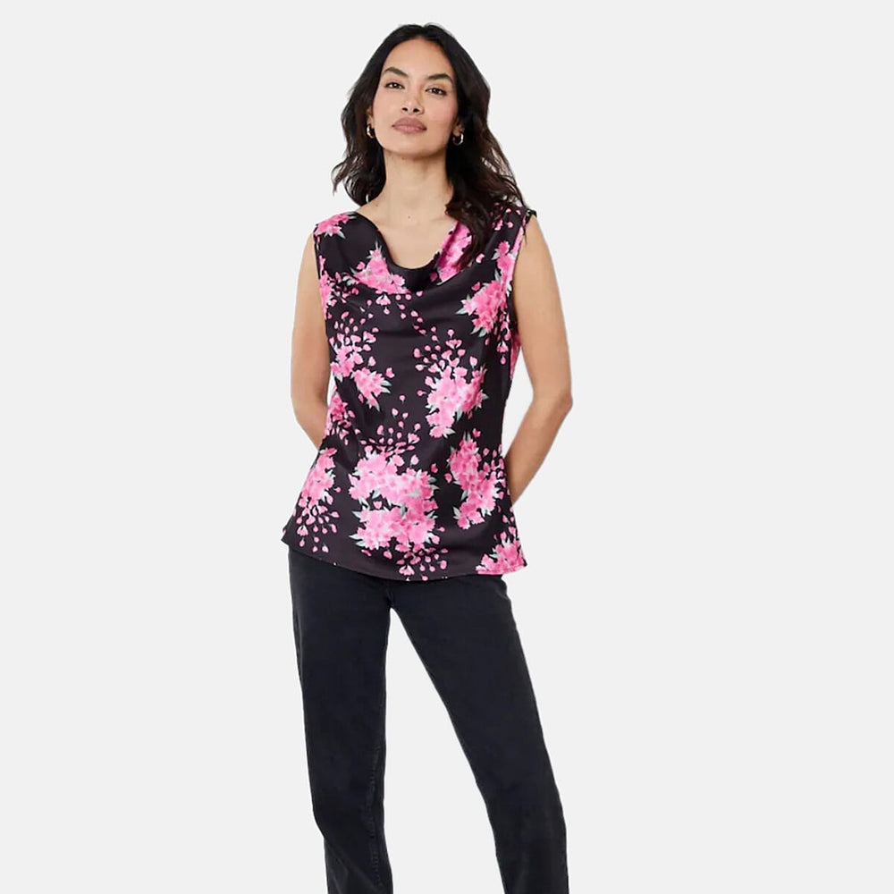 Another Sunday Cowl Neck Floral Print Cami Top (Size 10) - Black