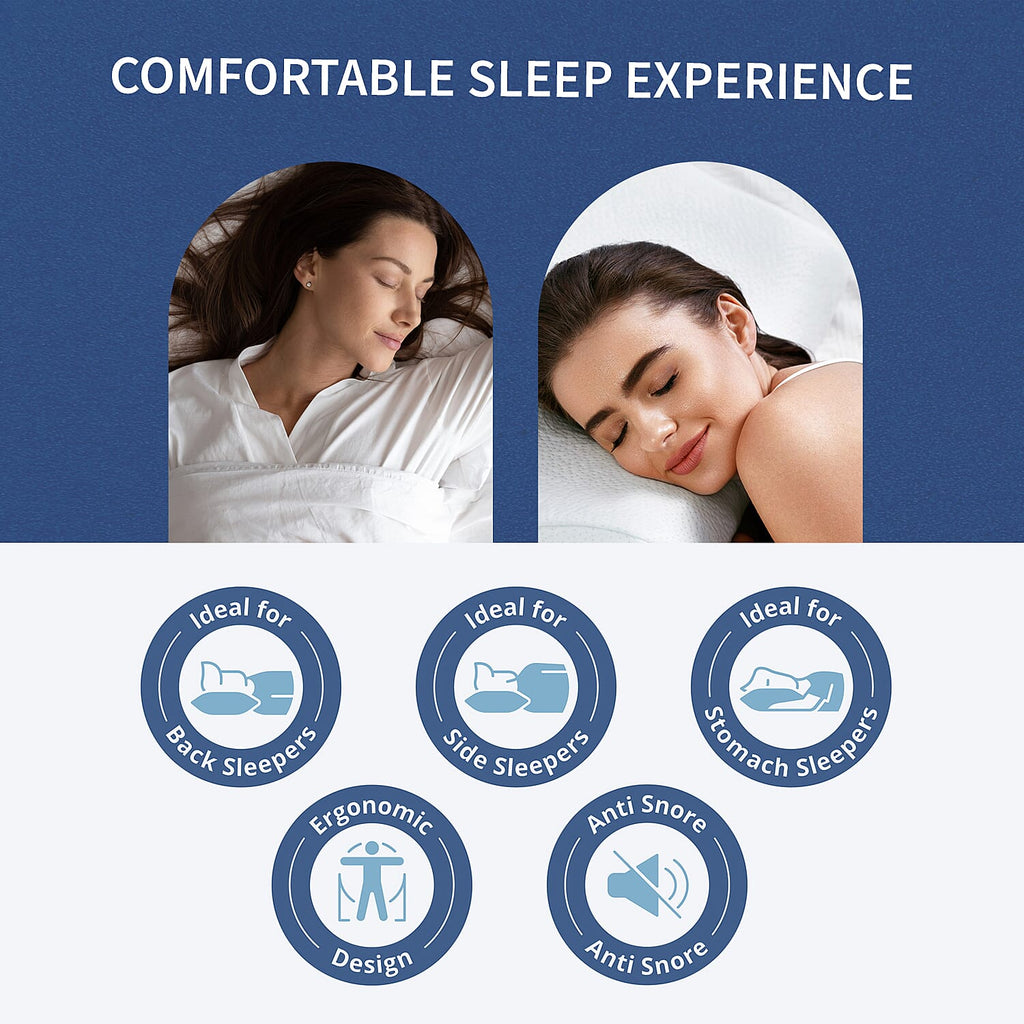 Anti Snore Memory Foam Pillow - Contoured Neck and Head Support - Soft & Breathable