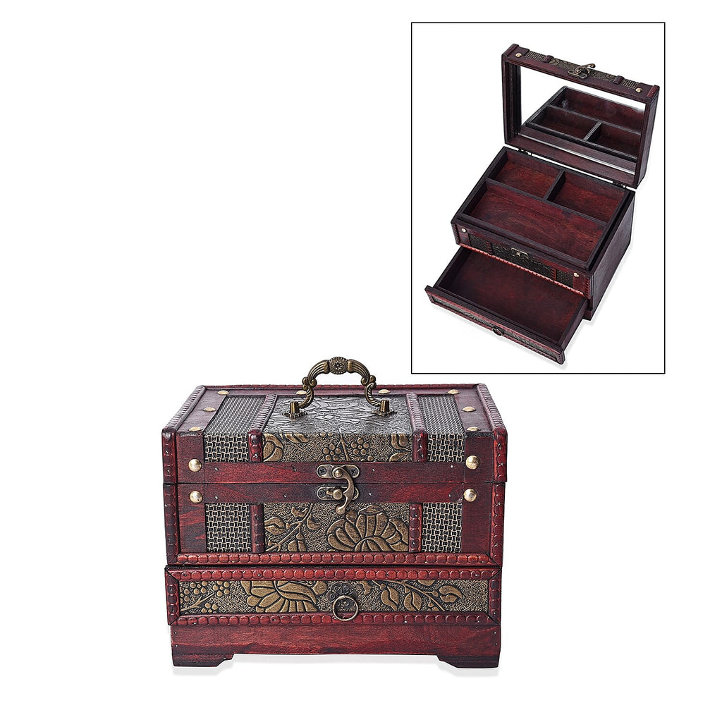 Antique Copper Floral Embossed 3 Layer Jewellery Box with Inside Mirror, Top Removable Tray and a Pull-out Drawer (Size 22x17x16 Cm)