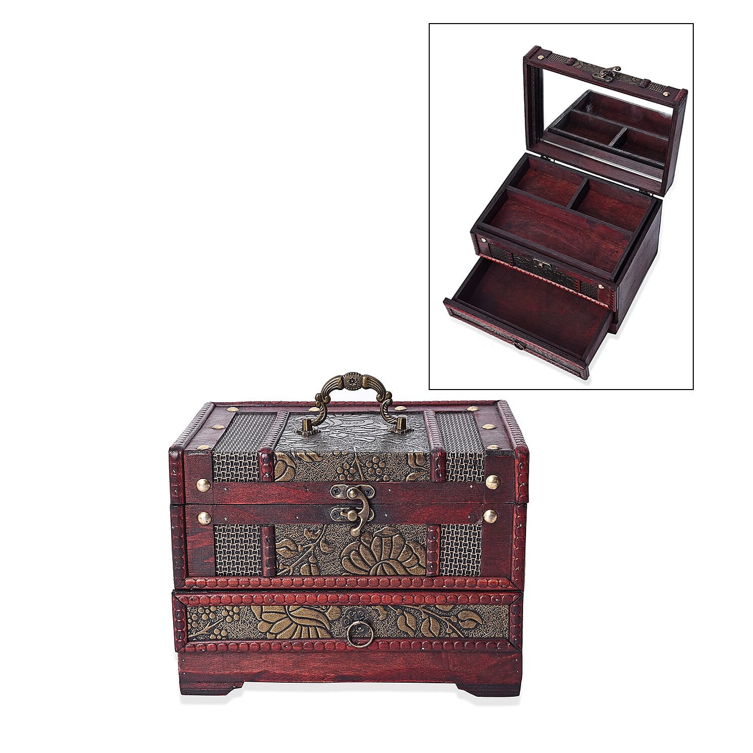 Antique Copper Floral Embossed 3 Layer Jewellery Box with Inside Mirror, Top Removable Tray and a Pull-out Drawer (Size 22x17x16 Cm)