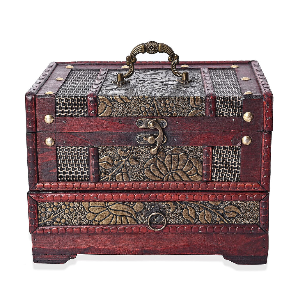Antique Copper Floral Embossed 3 Layer Jewellery Box with Inside Mirror, Top Removable Tray and a Pull-out Drawer (Size 22x17x16 Cm)