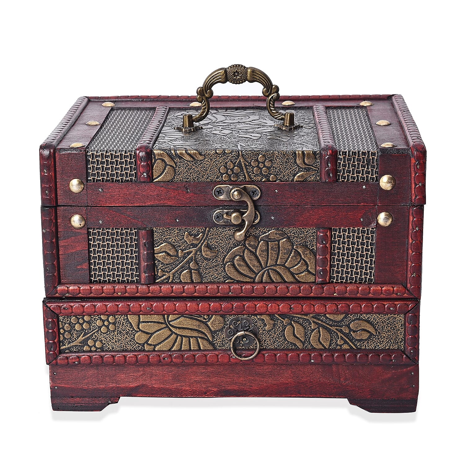Antique Copper Floral Embossed 3 Layer Jewellery Box with Inside Mirror, Top Removable Tray and a Pull-out Drawer (Size 22x17x16 Cm)